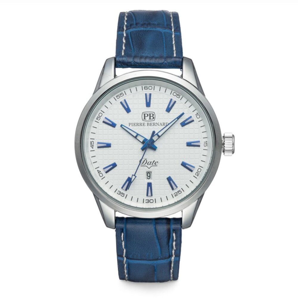 Pierre Bernard Men’s Watch White Dial Blue Leather Strap Date Quartz Classic Dre